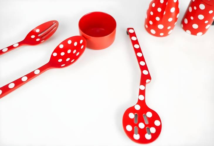 Retro Red Polka Dots Vintage Kitchen Utensils on White Table